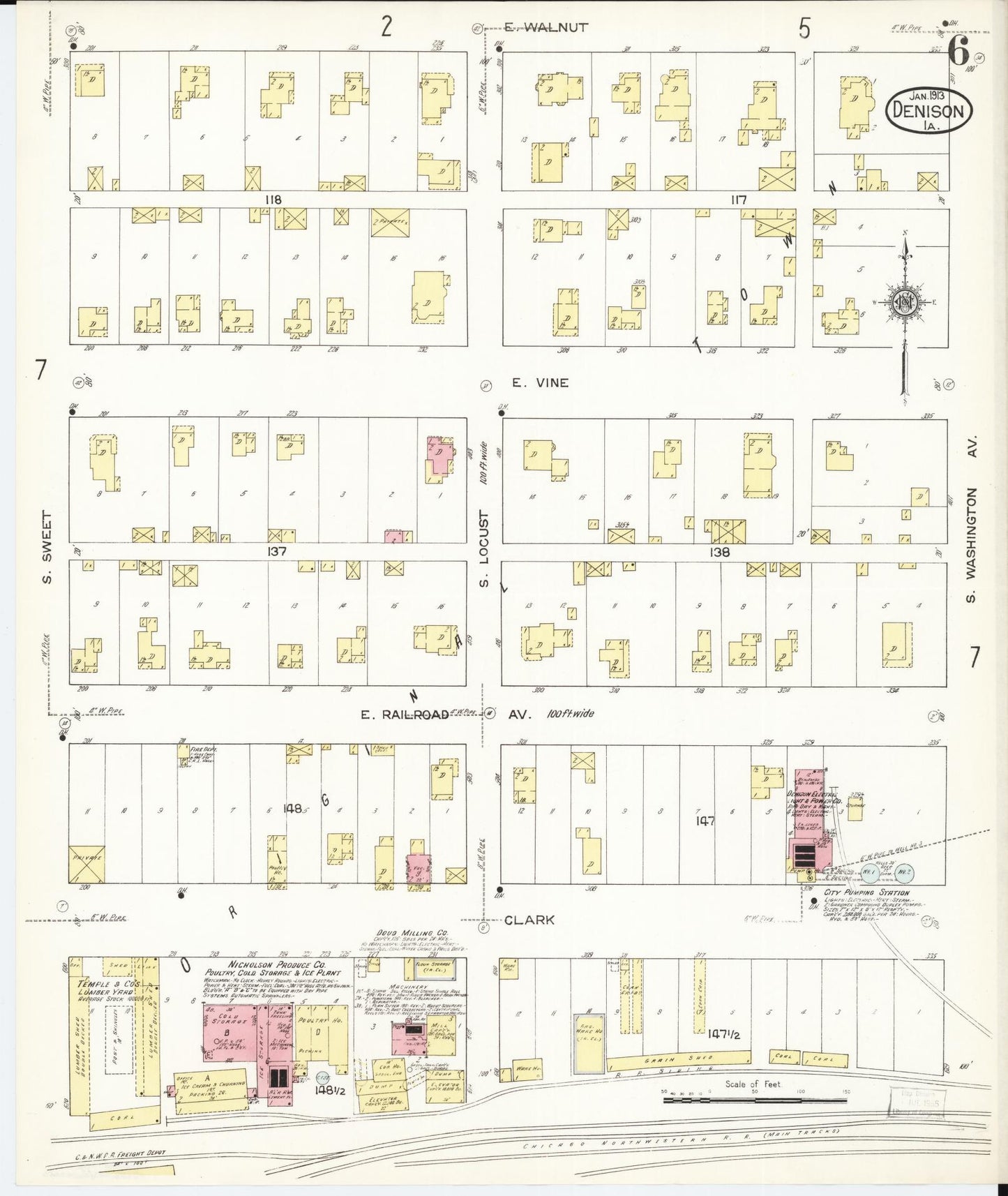 Sanborn Fire Insurance Map from Denison, Crawford County, Iowa (1913), Sheet #0006 - Historic Sanborn Fire Insurance Map Print, vintage old map wall art