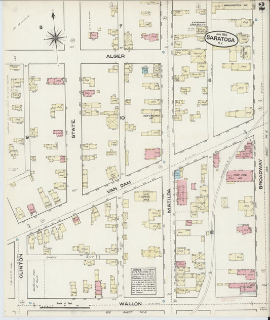 Sanborn Fire Insurance Map from Saratoga, Saratoga County, New York (1884), Sheet #0002 - Historic Sanborn Fire Insurance Map Print, vintage old map wall art, antique decor, genealogy gift, New York New York map