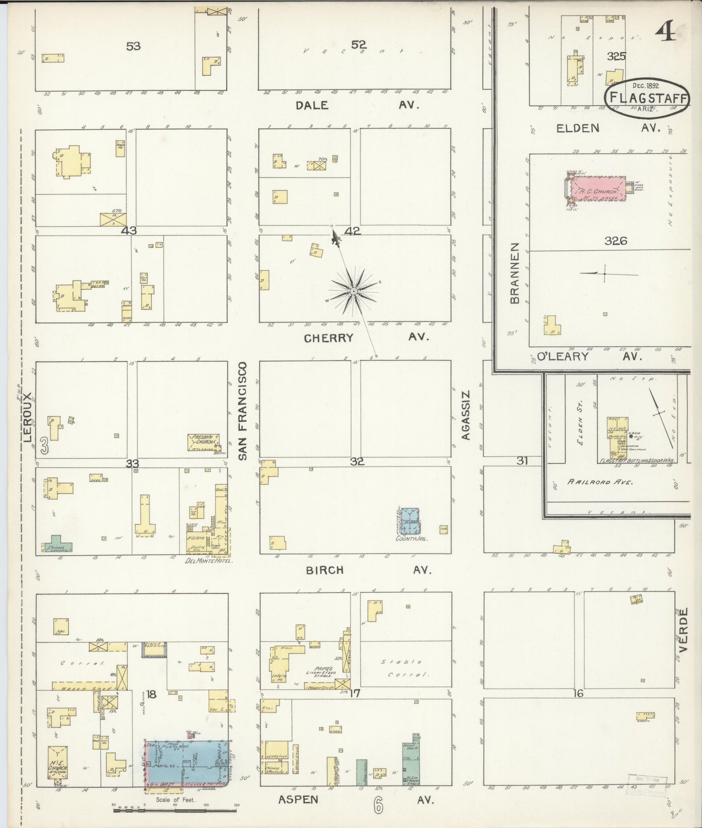 Sanborn Fire Insurance Map from Flagstaff, Coconino County, Arizona (1892), Sheet #0004 - Historic Sanborn Fire Insurance Map Print, vintage old map wall art, antique decor, genealogy gift, Arizona Arizona map