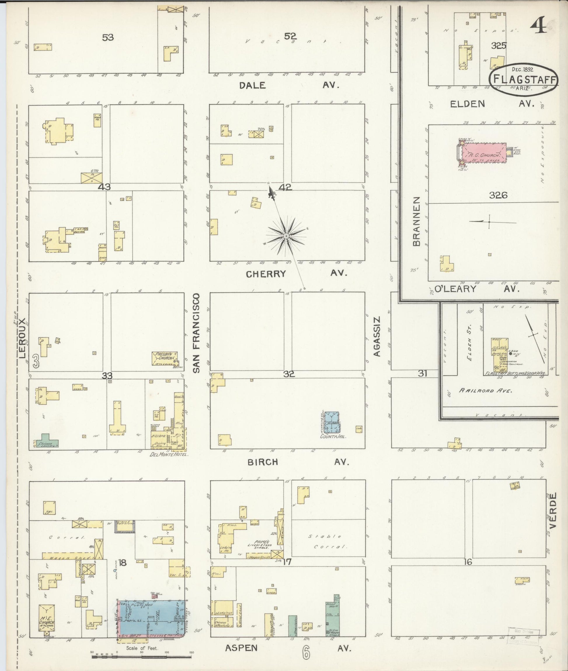 Sanborn Fire Insurance Map from Flagstaff, Coconino County, Arizona (1892), Sheet #0004 - Historic Sanborn Fire Insurance Map Print, vintage old map wall art, antique decor, genealogy gift, Arizona Arizona map