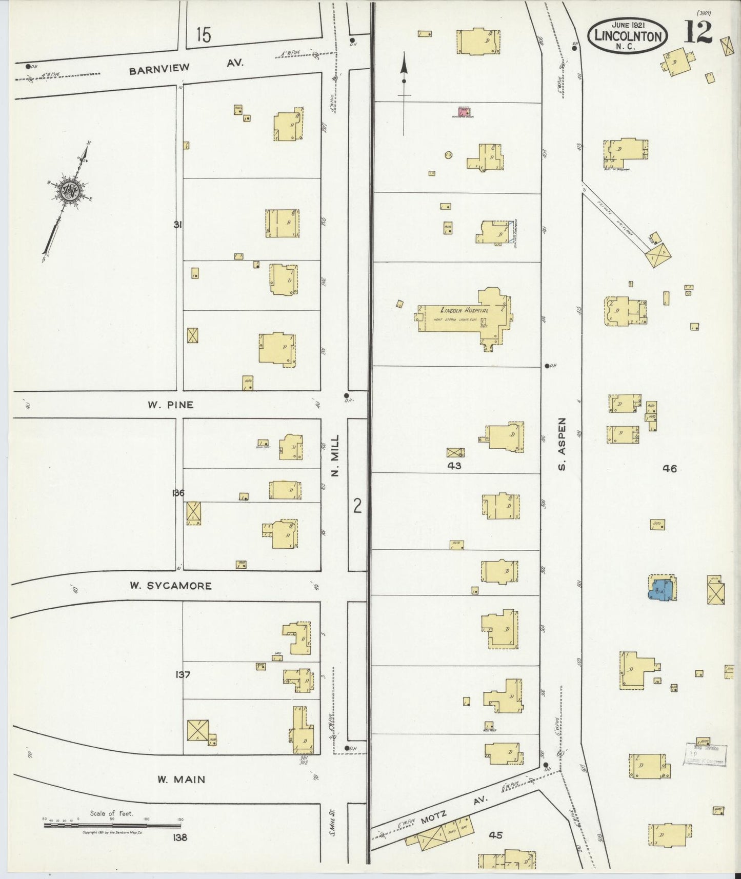 Sanborn Fire Insurance Map from Lincolnton, Lincoln County, North Carolina (1921), Sheet #0012 - Complete Map Set gallery image, historic Sanborn map, vintage wall art, North Carolina North Carolina
