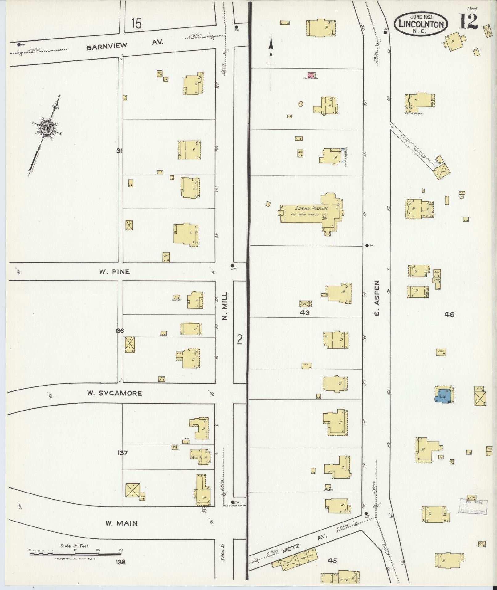 Sanborn Fire Insurance Map from Lincolnton, Lincoln County, North Carolina (1921), Sheet #0012 - Complete Map Set gallery image, historic Sanborn map, vintage wall art, North Carolina North Carolina