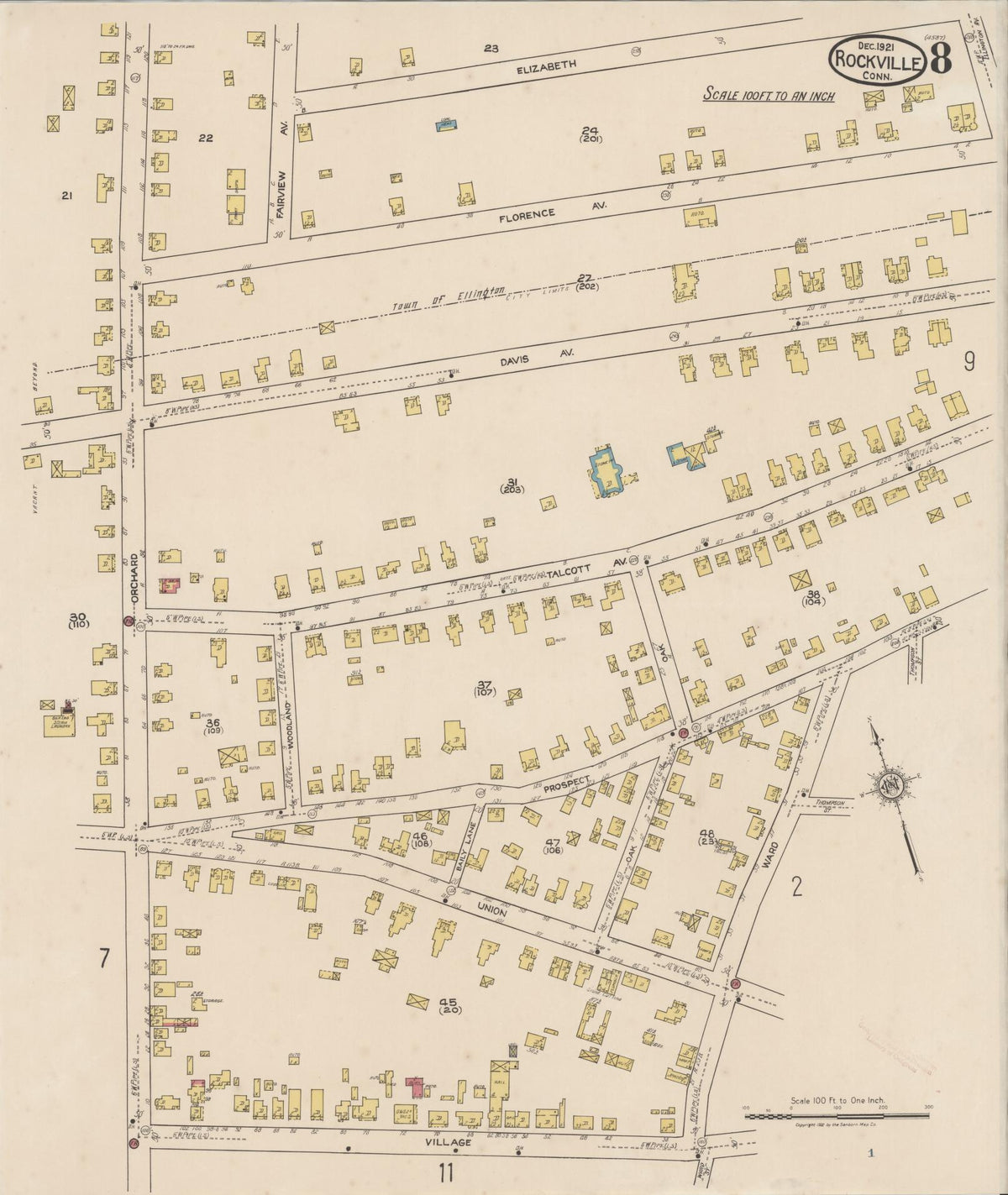 Sanborn Fire Insurance Map from Rockville, Tolland County, Connecticut (1921), Sheet #0008 - Historic Sanborn Fire Insurance Map Print, vintage old map wall art, antique decor, genealogy gift, Connecticut Connecticut map