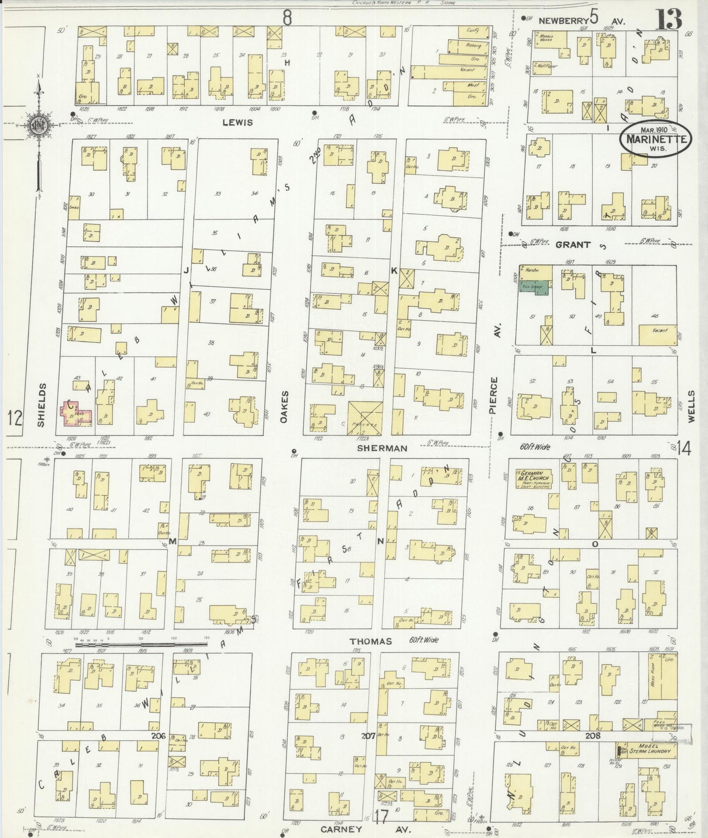 Sanborn Fire Insurance Map from Marinette, Marinette County, Wisconsin (1910), Sheet #0013 - Historic Sanborn Fire Insurance Map Print, vintage old map wall art, antique decor, genealogy gift, Wisconsin Wisconsin map