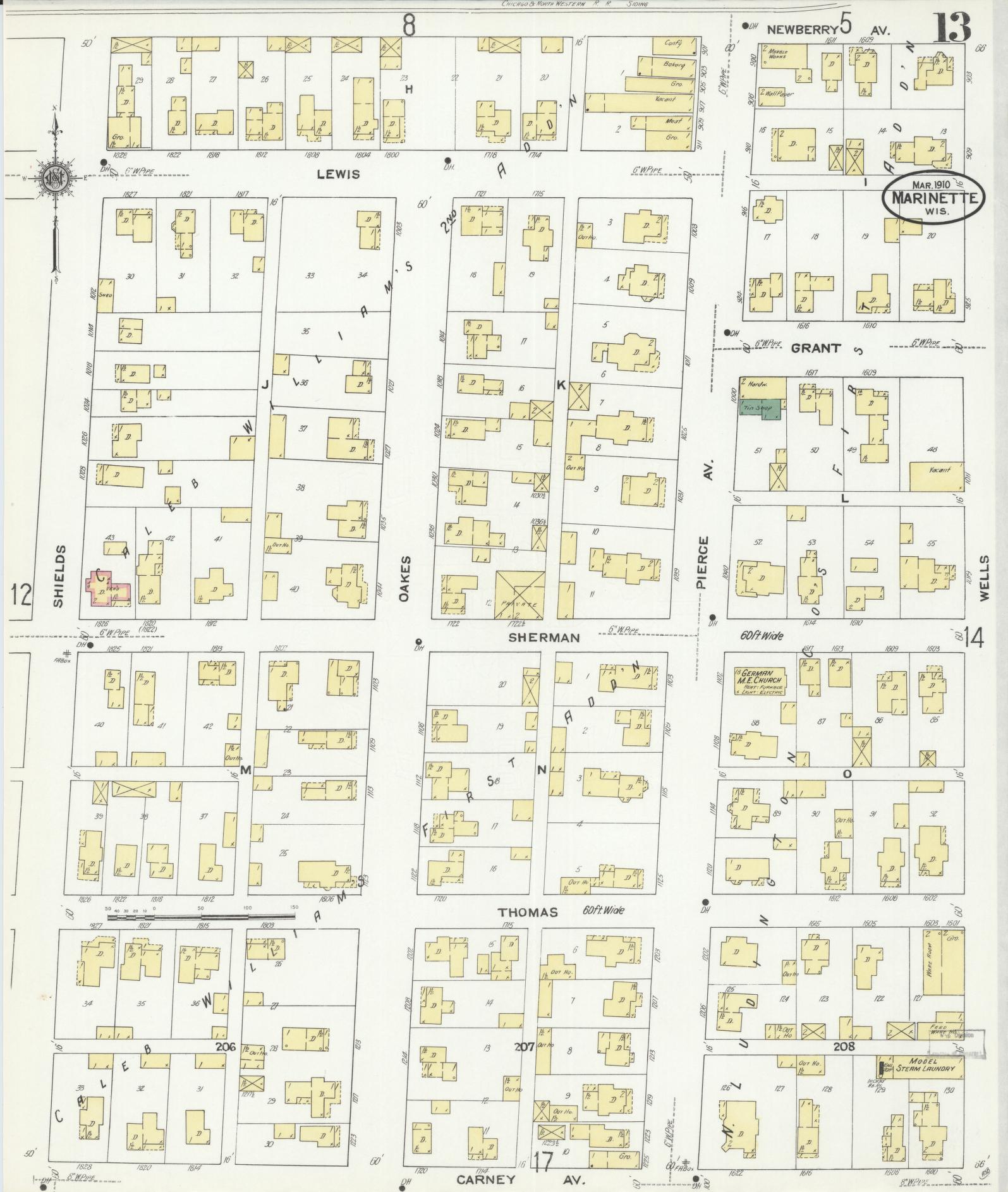 Sanborn Fire Insurance Map from Marinette, Marinette County, Wisconsin (1910), Sheet #0013 - Historic Sanborn Fire Insurance Map Print, vintage old map wall art, antique decor, genealogy gift, Wisconsin Wisconsin map