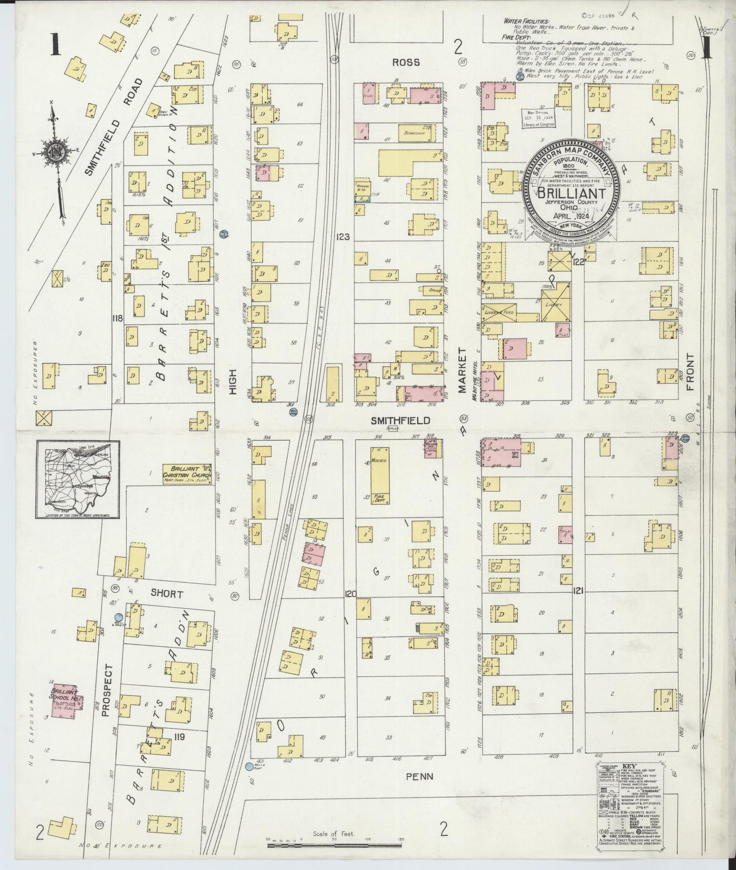 Sanborn Fire Insurance Map from Brilliant, Jefferson County, Ohio (1924), Sheet #0001 - Complete Map Set gallery image, historic Sanborn map, vintage wall art, Ohio Ohio
