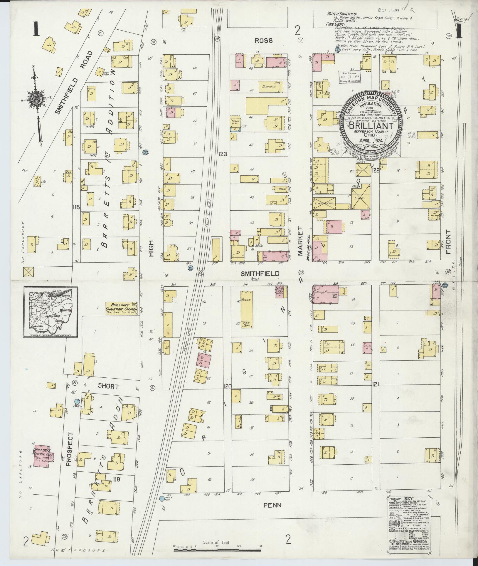 Sanborn Fire Insurance Map from Brilliant, Jefferson County, Ohio (1924), Sheet #0001 - Complete Map Set gallery image, historic Sanborn map, vintage wall art, Ohio Ohio