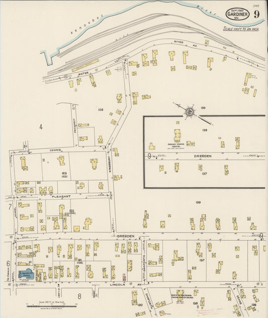 Sanborn Fire Insurance Map from Gardiner, Kennebec County, Maine (1922), Sheet #0009 - Historic Sanborn Fire Insurance Map Print, vintage old map wall art, antique decor, genealogy gift, Maine Maine map