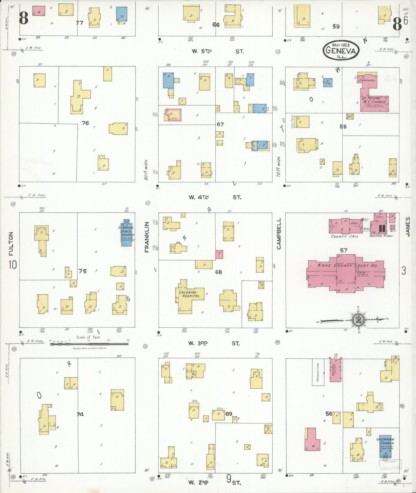Sanborn Fire Insurance Map from Geneva, Kane County, Illinois (1923), Sheet #0008 - Historic Sanborn Fire Insurance Map Print, vintage old map wall art, antique decor, genealogy gift, Illinois Illinois map