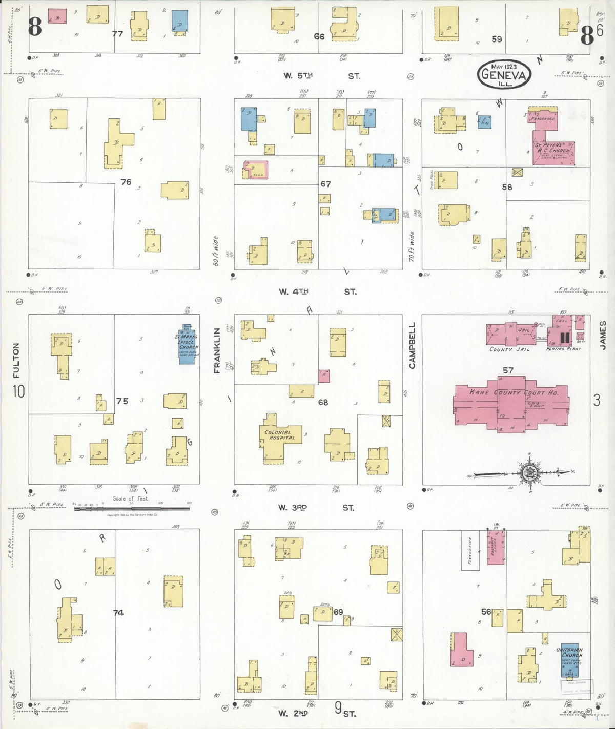 Sanborn Fire Insurance Map from Geneva, Kane County, Illinois (1923), Sheet #0008 - Historic Sanborn Fire Insurance Map Print, vintage old map wall art, antique decor, genealogy gift, Illinois Illinois map
