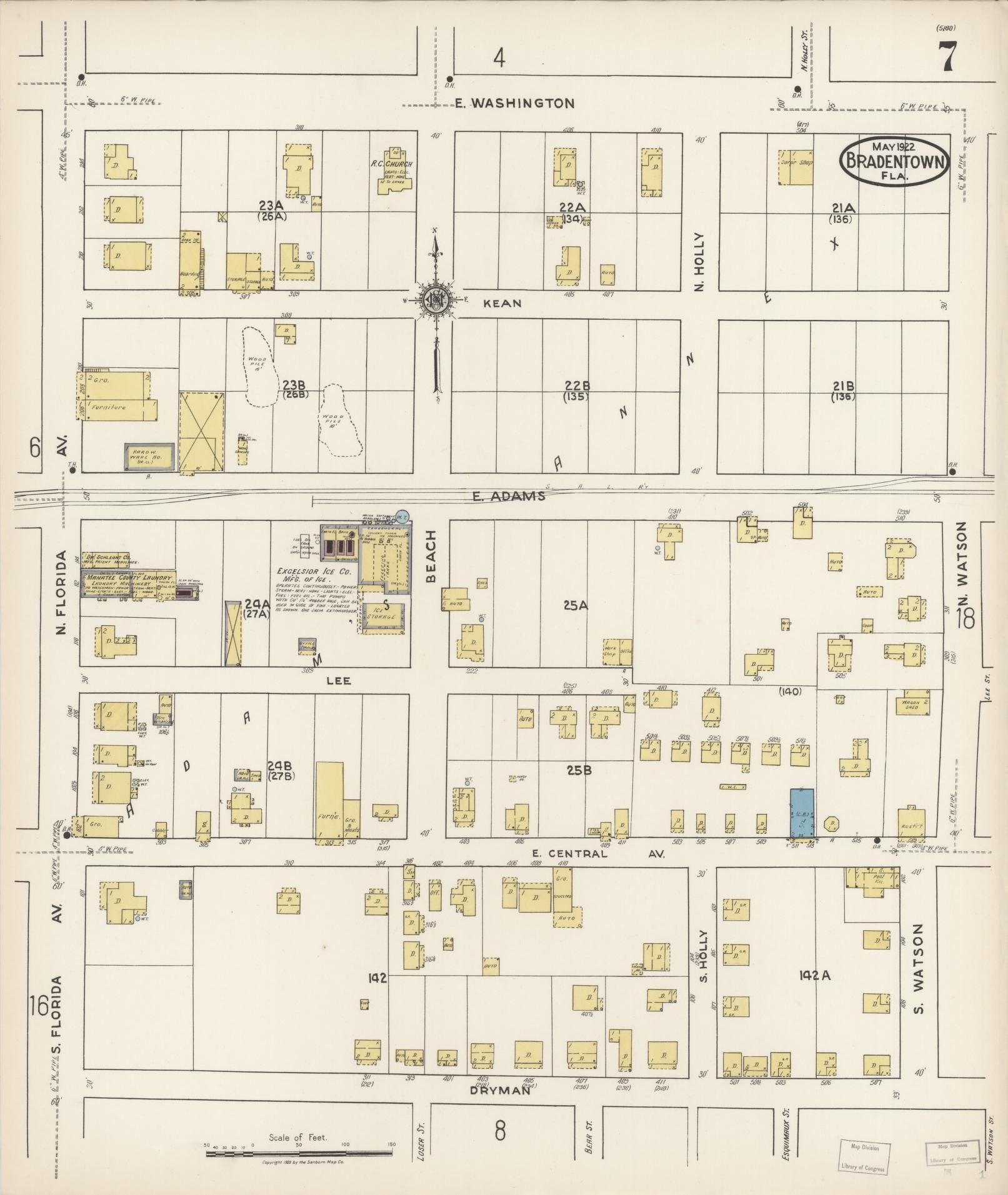 Sanborn Fire Insurance Map from Bradentown, Manatee County, Florida (1922), Sheet #0007 - Complete Map Set gallery image, historic Sanborn map, vintage wall art, Florida Florida