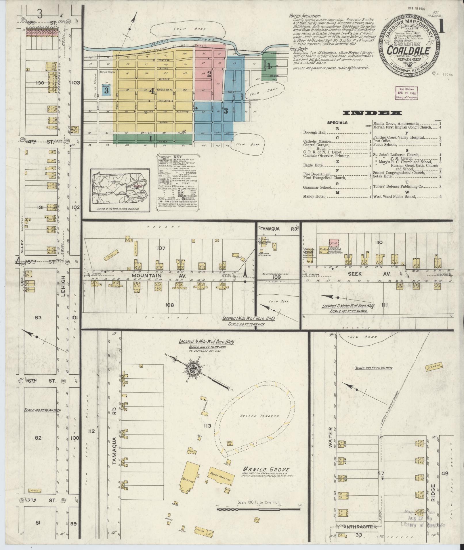 Sanborn Fire Insurance Map from Coaldale, Schuylkill County, Pennsylvania (1916), Sheet #0001 - Historic Sanborn Fire Insurance Map Print, vintage old map wall art, antique decor, genealogy gift, Pennsylvania Pennsylvania map