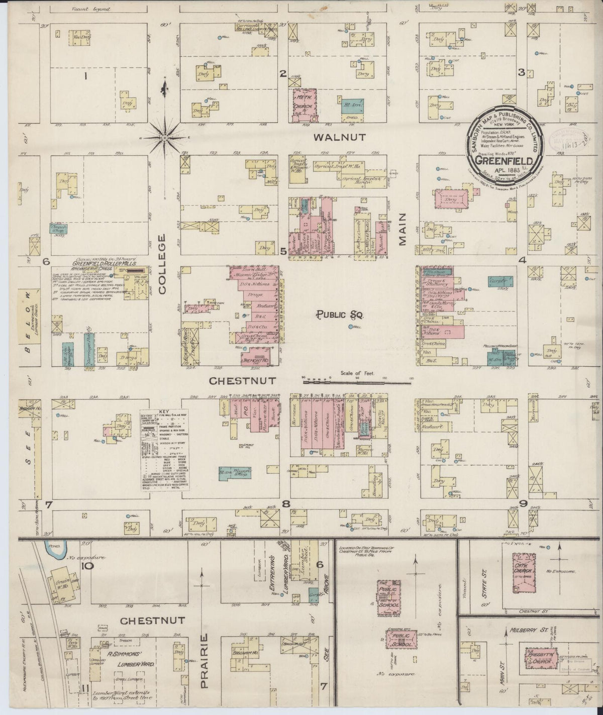 Sanborn Fire Insurance Map from Greenfield, Greene County, Illinois (1885), Sheet #0001 - Historic Sanborn Fire Insurance Map Print, vintage old map wall art, antique decor, genealogy gift, Illinois Illinois map
