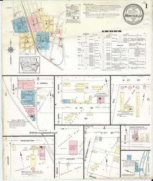 Sanborn Fire Insurance Map from Monticello, Jones County, Iowa (1914), Sheet #0001 - Historic Sanborn Fire Insurance Map Print, vintage old map wall art