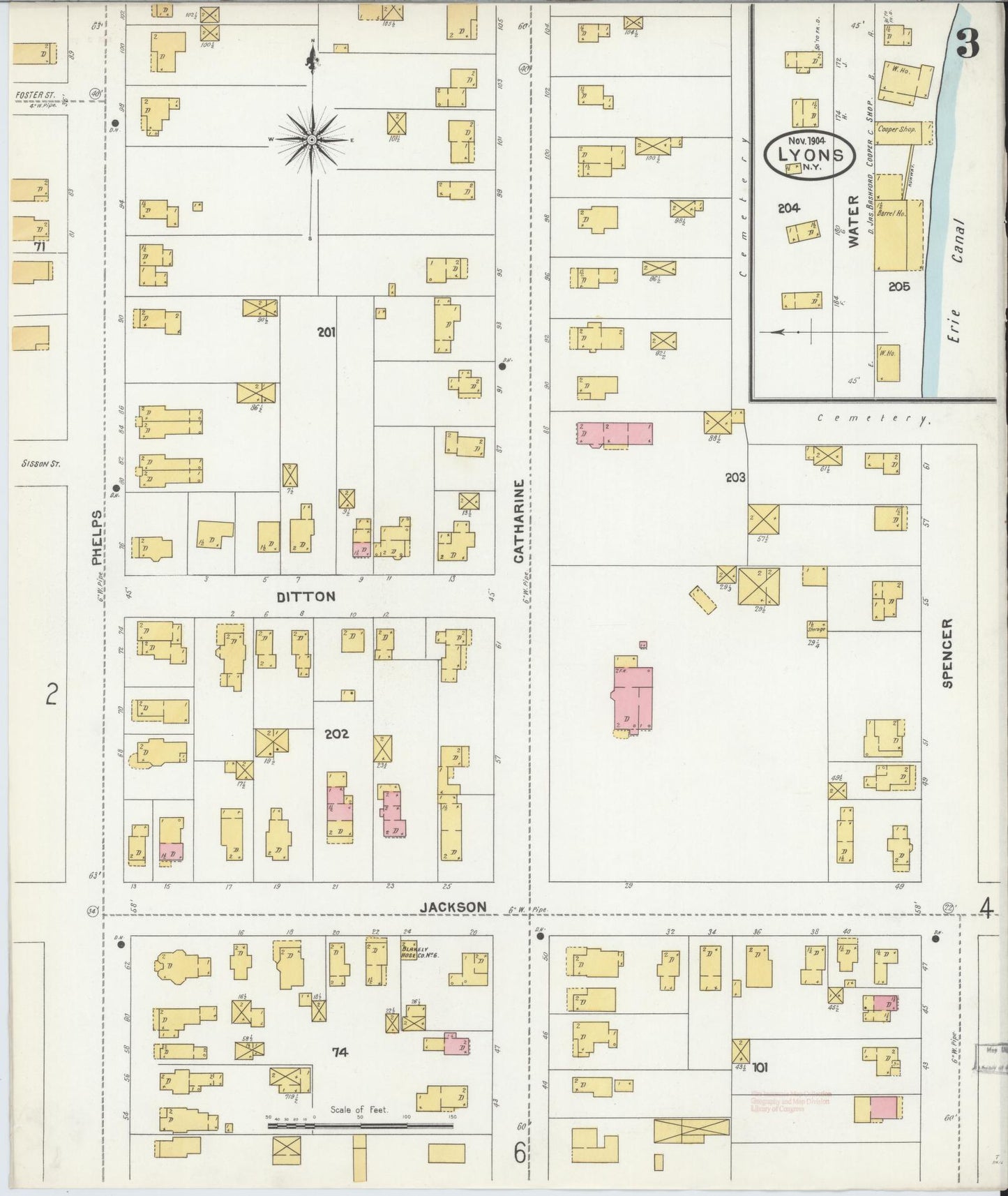 Sanborn Fire Insurance Map from Lyons, Wayne County, New York (1904), Sheet #0003 - Complete Map Set gallery image, historic Sanborn map, vintage wall art, New York New York