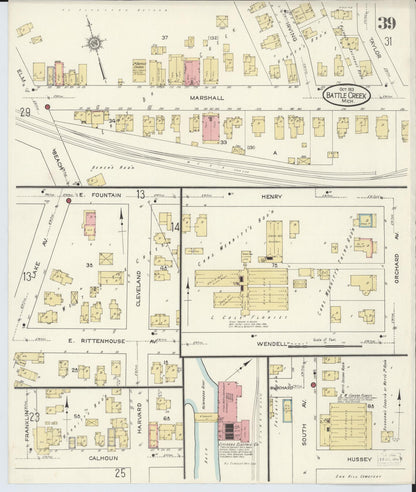 Sanborn Fire Insurance Map from Battle Creek, Calhoun County, Michigan (1913), Sheet #0039 - Historic Sanborn Fire Insurance Map Print, vintage old map wall art, antique decor, genealogy gift, Michigan Michigan map