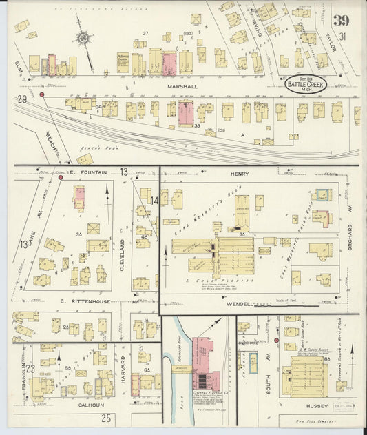 Sanborn Fire Insurance Map from Battle Creek, Calhoun County, Michigan (1913), Sheet #0039 - Historic Sanborn Fire Insurance Map Print, vintage old map wall art, antique decor, genealogy gift, Michigan Michigan map