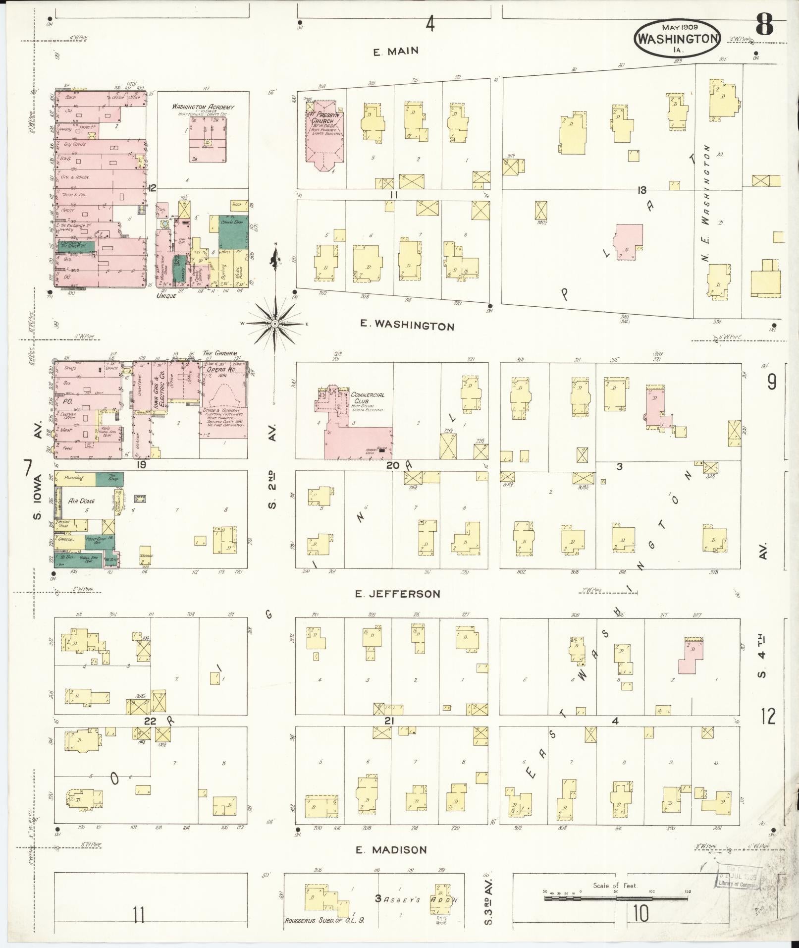 Sanborn Fire Insurance Map from Washington, Washington County, Iowa (1909), Sheet #0008 - Historic Sanborn Fire Insurance Map Print, vintage old map wall art, antique decor, genealogy gift, Sanborn Fire Insurance Map from Washington Washington map