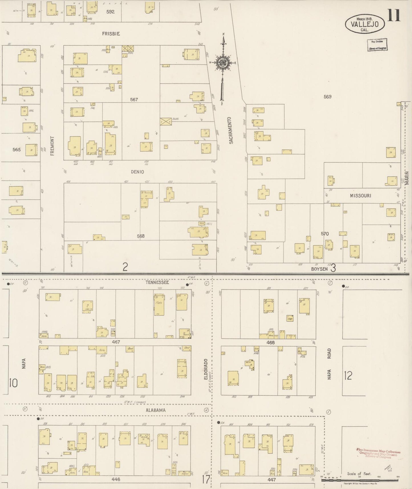 Sanborn Fire Insurance Map from Vallejo, Solano County, California (1919), Sheet #0011 - Complete Map Set gallery image, historic Sanborn map, vintage wall art, California California