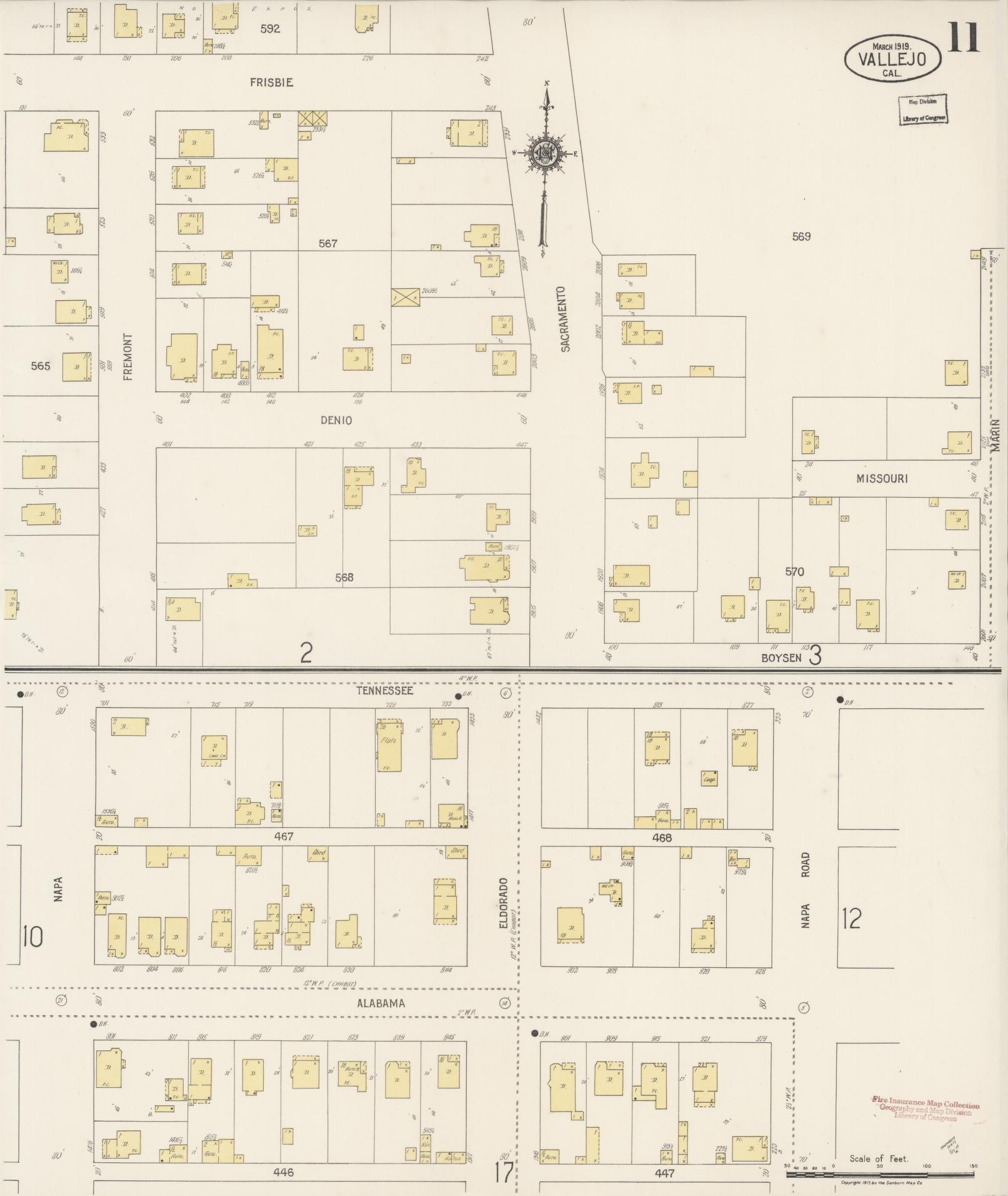 Sanborn Fire Insurance Map from Vallejo, Solano County, California (1919), Sheet #0011 - Complete Map Set gallery image, historic Sanborn map, vintage wall art, California California