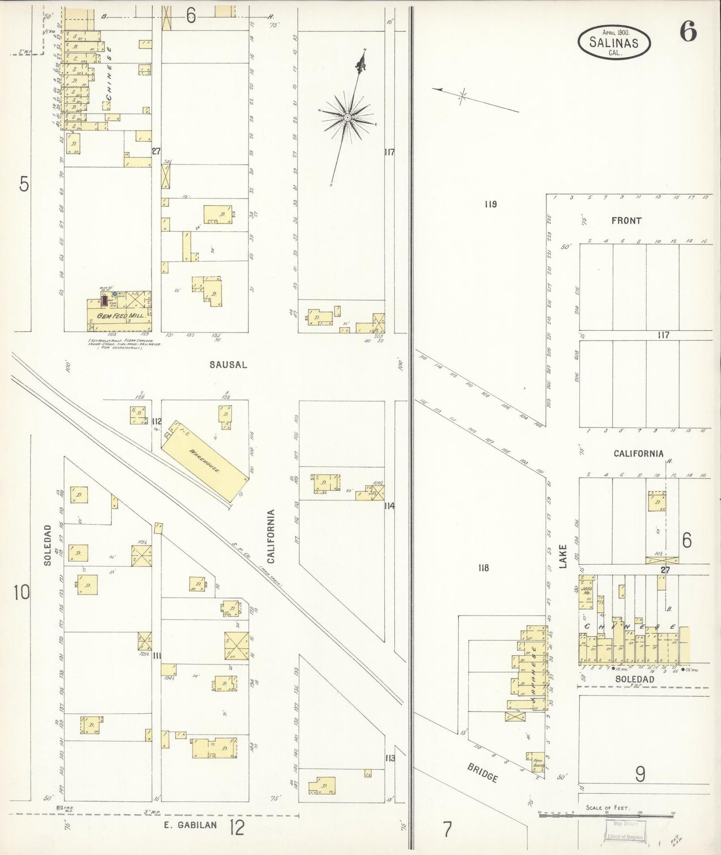 Sanborn Fire Insurance Map from Salinas, Monterey County, California (1900), Sheet #0006 - Complete Map Set gallery image, historic Sanborn map, vintage wall art, California California