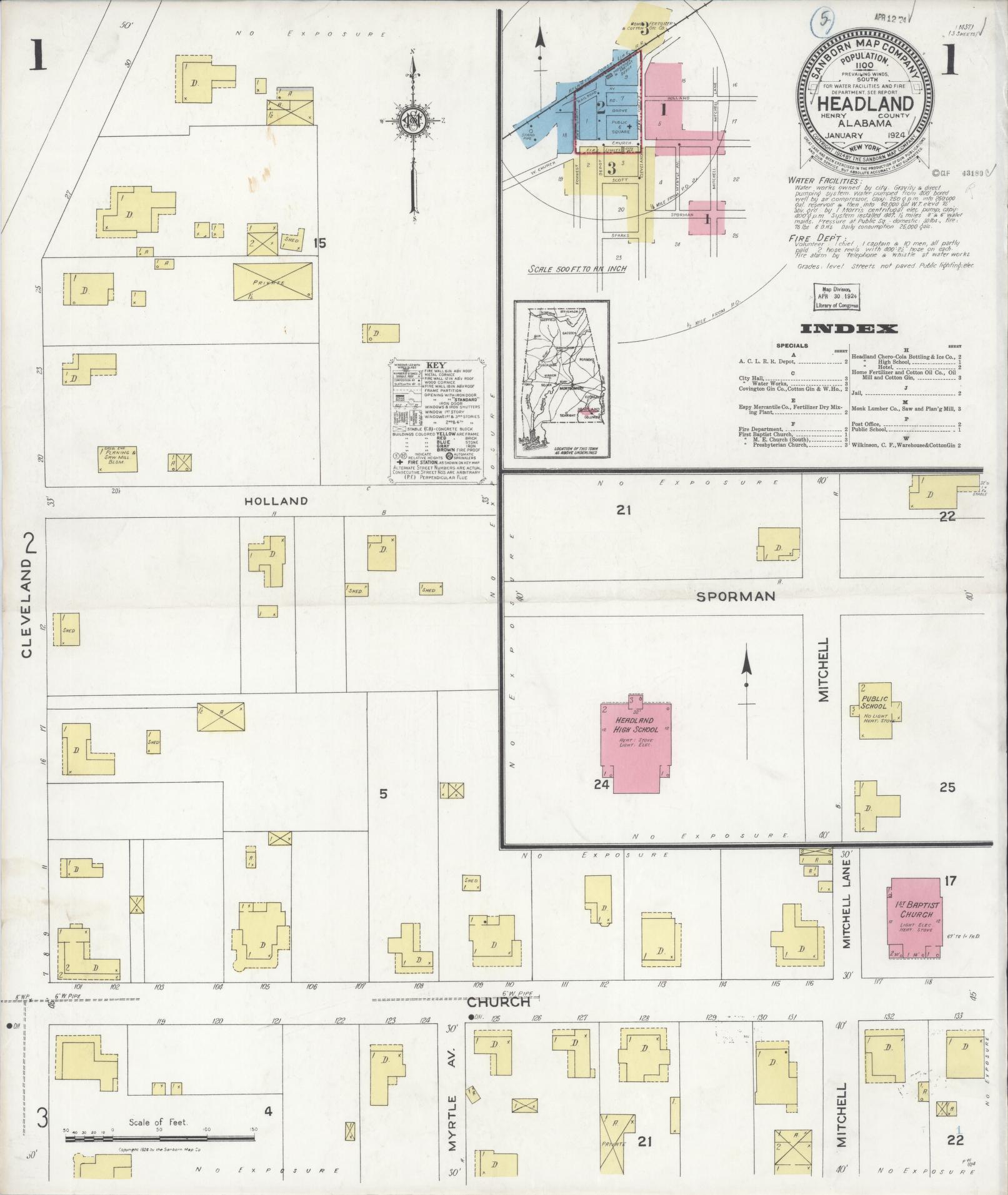 Sanborn Fire Insurance Map from Headland, Henry County, Alabama (1924), Sheet #0001 - Complete Map Set gallery image, historic Sanborn map, vintage wall art, Alabama Alabama