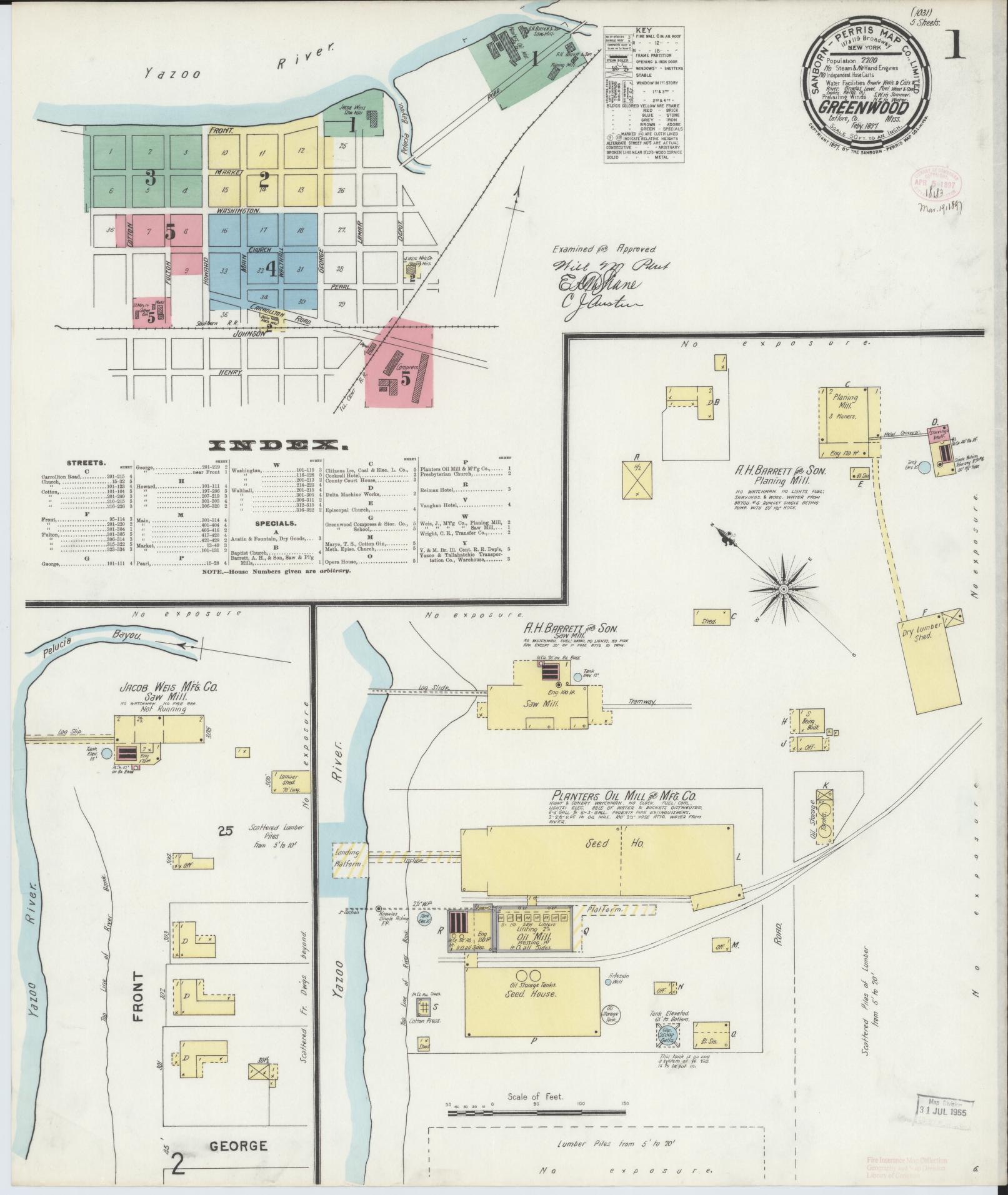 Sanborn Fire Insurance Map from Greenwood, Leflore County, Mississippi (1897), Sheet #0001 - Complete Map Set gallery image, historic Sanborn map, vintage wall art, Mississippi Mississippi