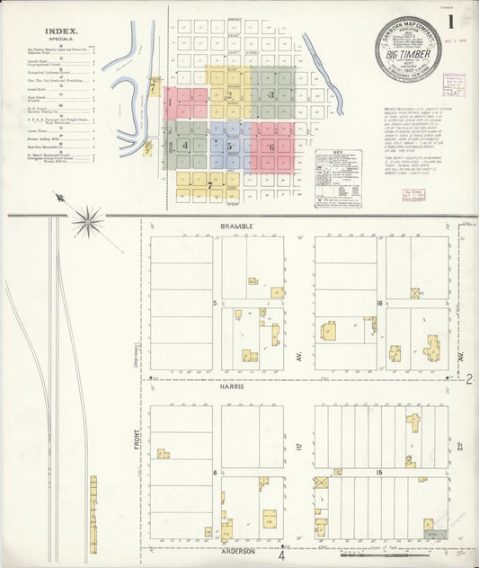 Sanborn Fire Insurance Map from Big Timber, Sweet Grass County, Montana (1907), Sheet #0001 - Historic Sanborn Fire Insurance Map Print, vintage old map wall art, antique decor, genealogy gift, Montana Montana map