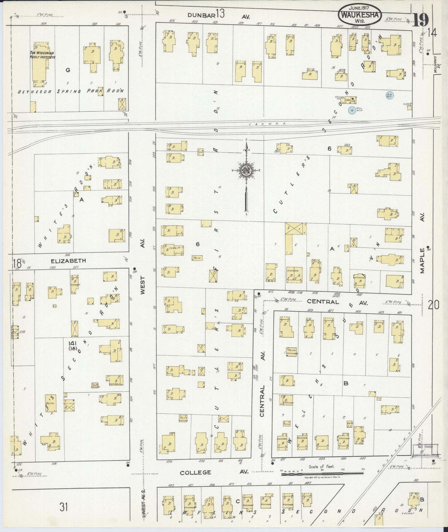 Sanborn Fire Insurance Map from Waukesha, Waukesha County, Wisconsin (1917), Sheet #0019 - Historic Sanborn Fire Insurance Map Print, vintage old map wall art, antique decor, genealogy gift, Wisconsin Wisconsin map