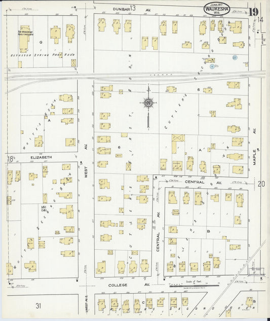 Sanborn Fire Insurance Map from Waukesha, Waukesha County, Wisconsin (1917), Sheet #0019 - Historic Sanborn Fire Insurance Map Print, vintage old map wall art, antique decor, genealogy gift, Wisconsin Wisconsin map