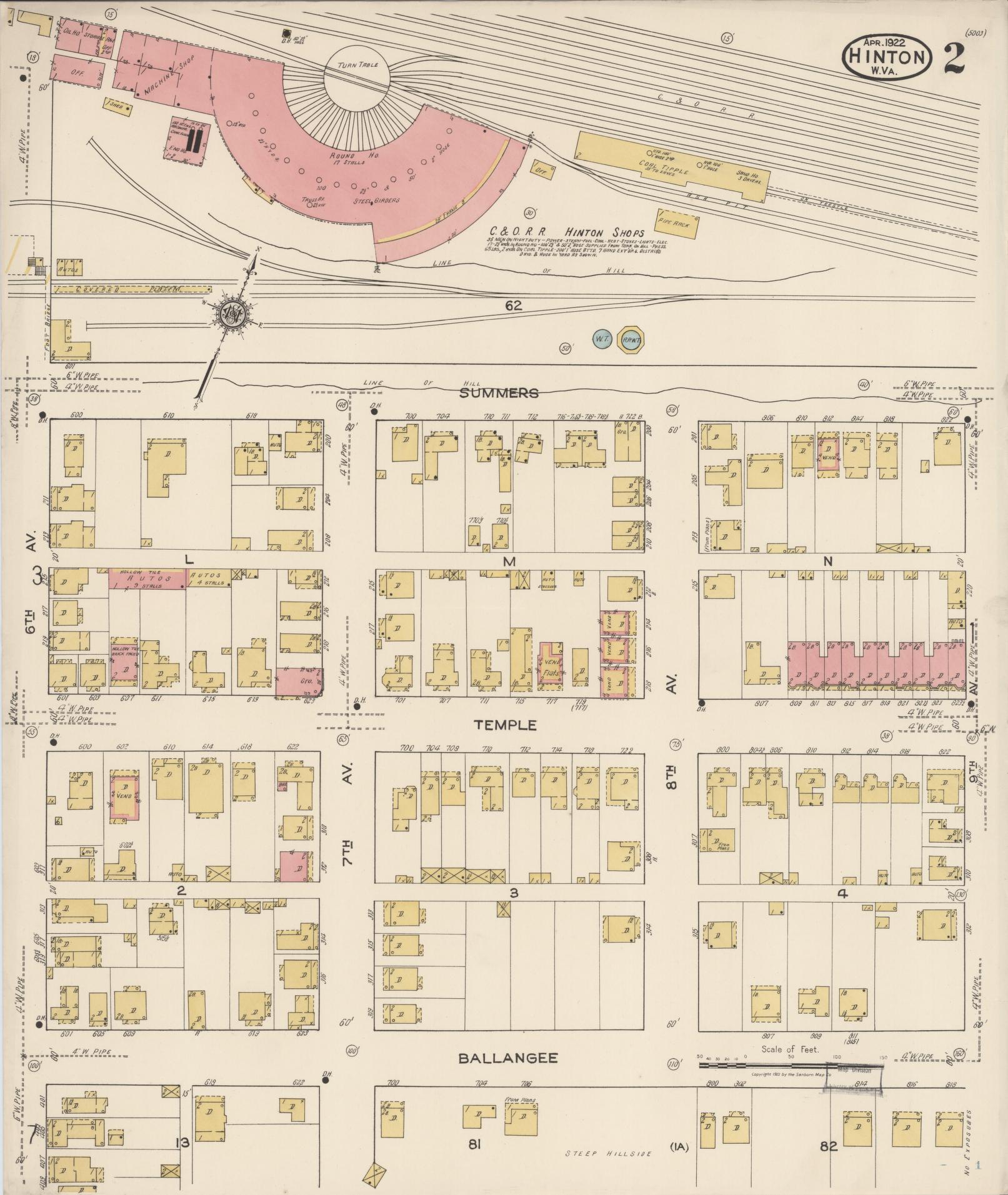 Sanborn Fire Insurance Map from Hinton, Summer County, West Virginia (1922), Sheet #0002 - Complete Map Set gallery image, historic Sanborn map, vintage wall art, West Virginia West Virginia