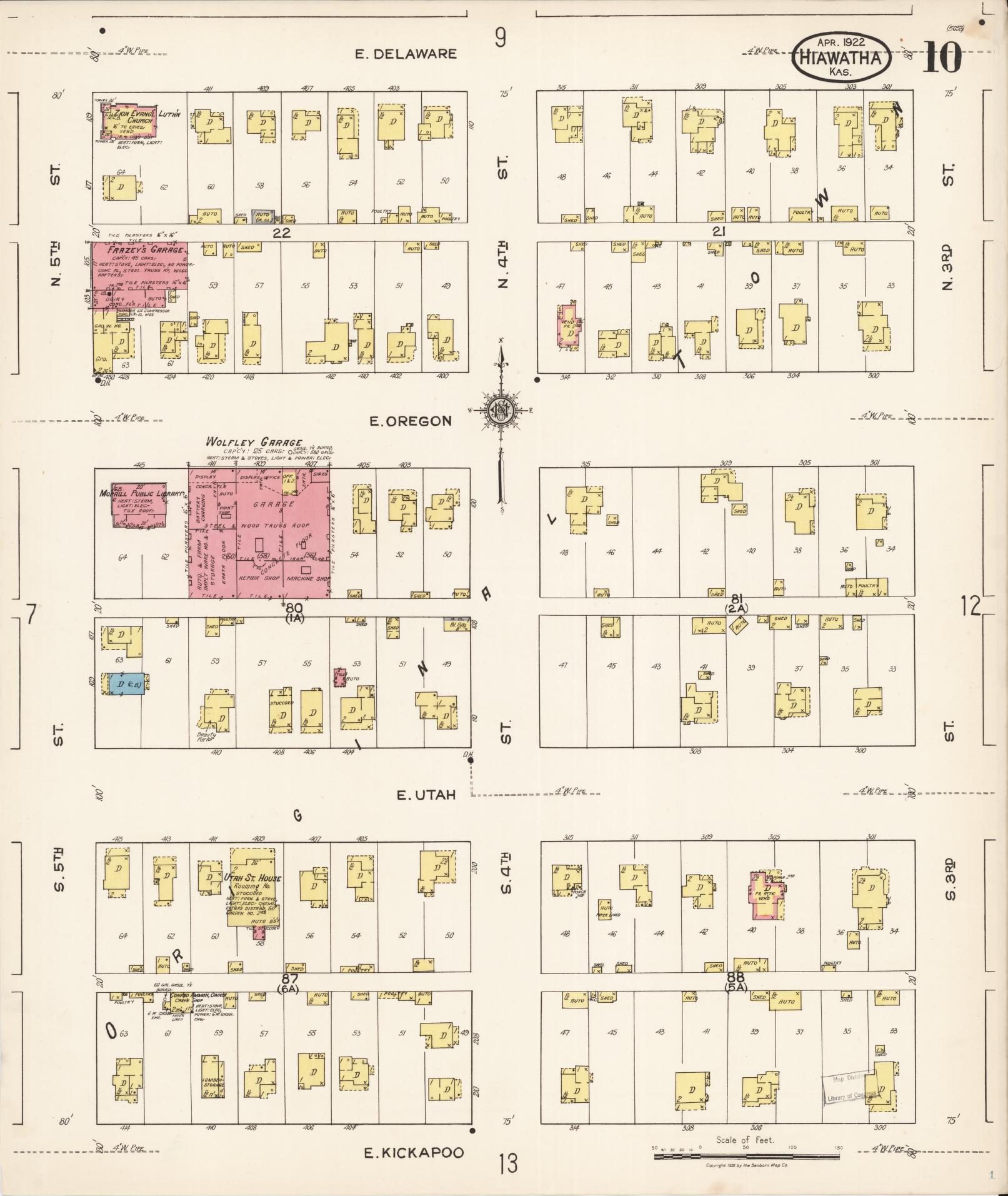 Sanborn Fire Insurance Map from Hiawatha, Brown County, Kansas (1922), Sheet #0010 - Historic Sanborn Fire Insurance Map Print, vintage old map wall art, antique decor, genealogy gift, Kansas Kansas map