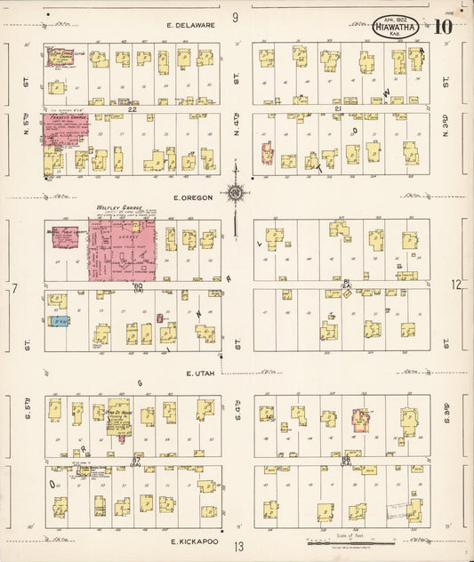 Sanborn Fire Insurance Map from Hiawatha, Brown County, Kansas (1922), Sheet #0010 - Historic Sanborn Fire Insurance Map Print, vintage old map wall art, antique decor, genealogy gift, Kansas Kansas map