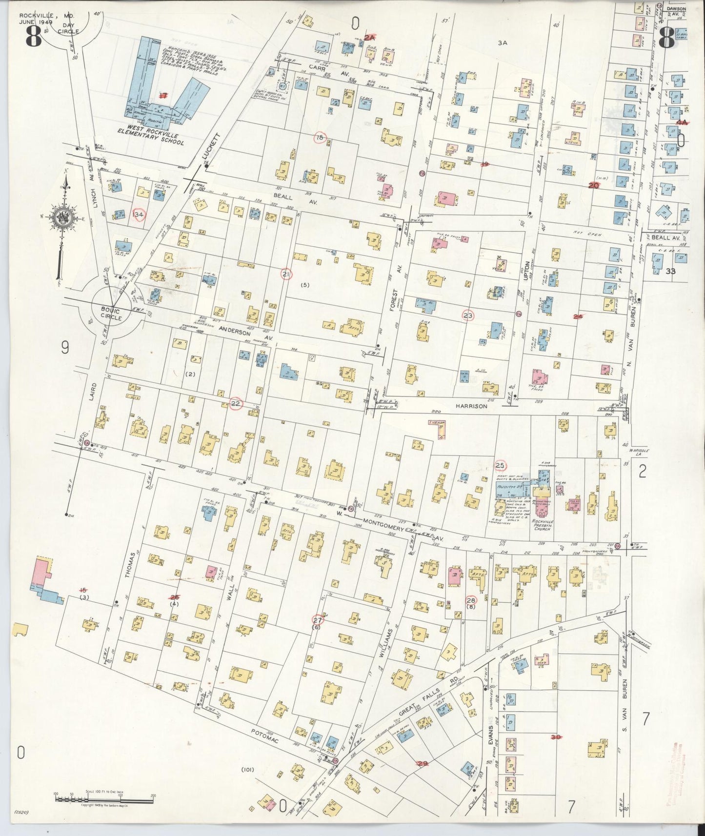 Sanborn Fire Insurance Map from Rockville, Montgomery County, Maryland (1960), Sheet #0008 - Historic Sanborn Fire Insurance Map Print, vintage old map wall art