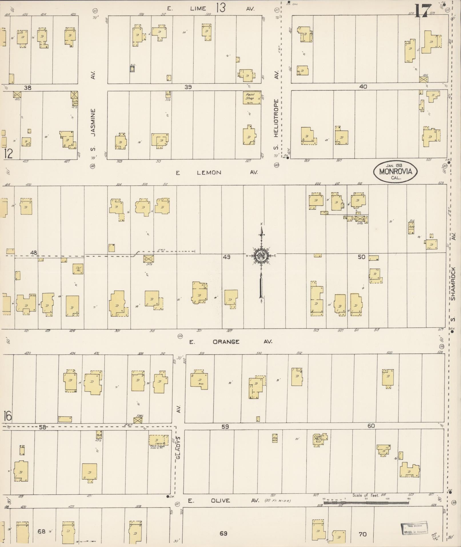 Sanborn Fire Insurance Map from Monrovia, Los Angeles County, California (1913), Sheet #0017 - Complete Map Set gallery image, historic Sanborn map, vintage wall art, California California