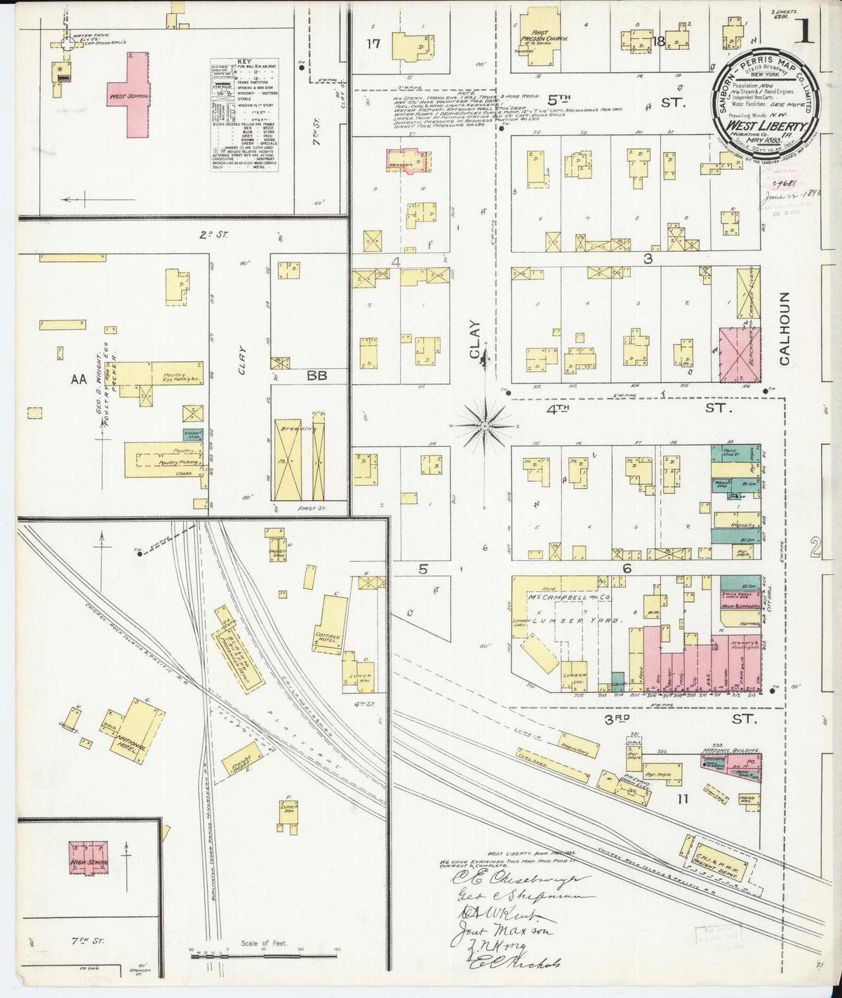 Sanborn Fire Insurance Map from West Liberty, Muscatine County, Iowa (1893), Sheet #0001 - Historic Sanborn Fire Insurance Map Print, vintage old map wall art