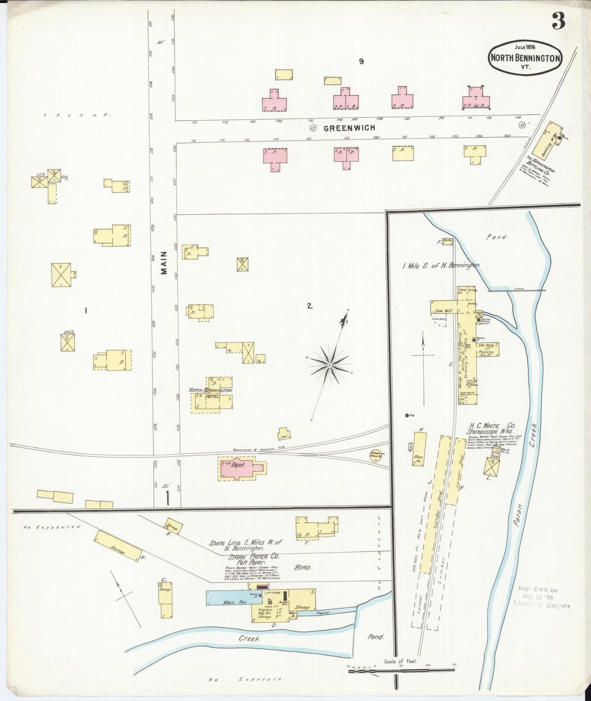 Sanborn Fire Insurance Map from North Bennington, Bennington County, Vermont (1896), Sheet #0003 - Historic Sanborn Fire Insurance Map Print, vintage old map wall art, antique decor, genealogy gift, Vermont Vermont map
