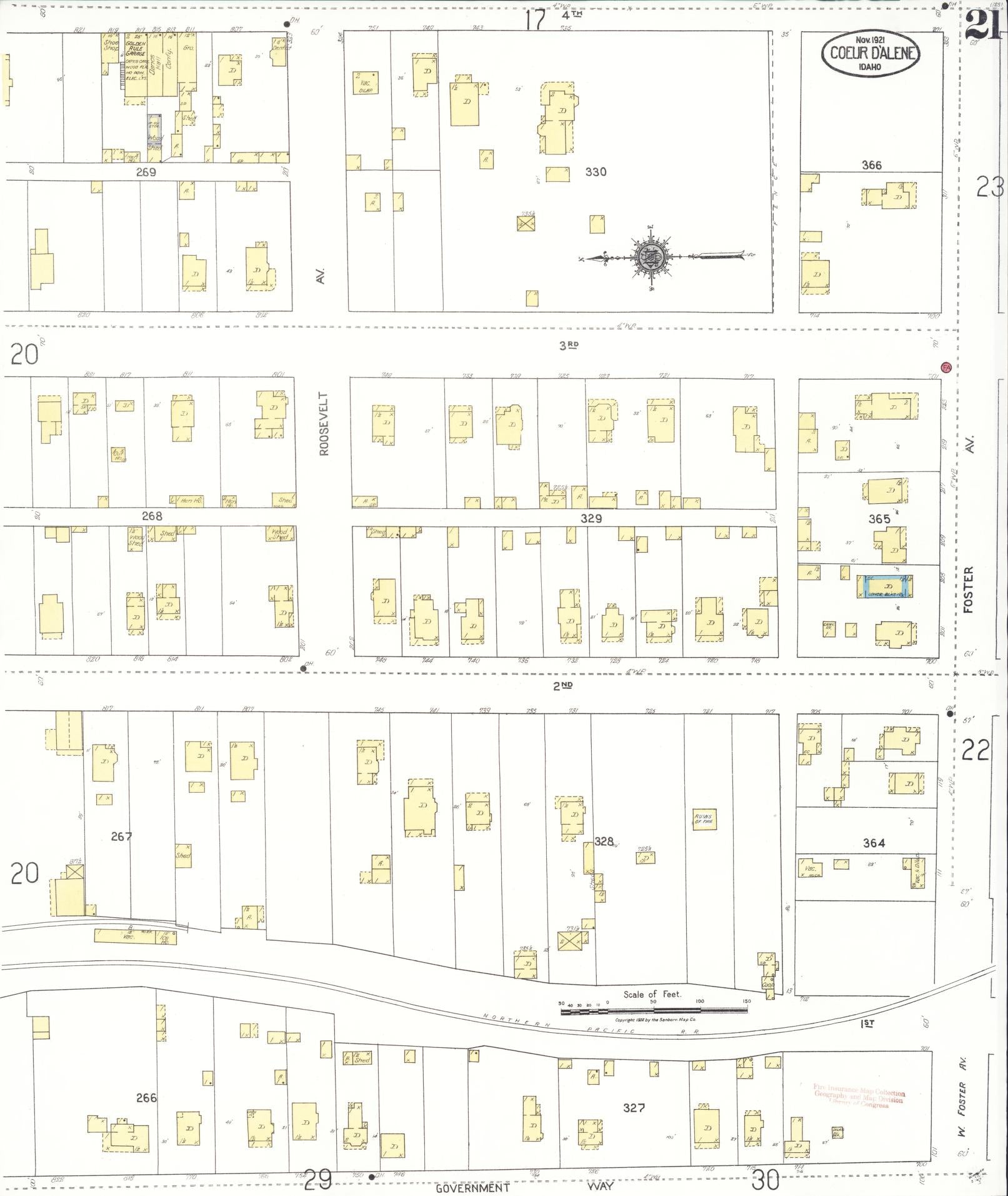 Sanborn Fire Insurance Map from Coeur D'alene, Kootenai County, Idaho (1921), Sheet #0021 - Historic Sanborn Fire Insurance Map Print, vintage old map wall art, antique decor, genealogy gift, Idaho Idaho map