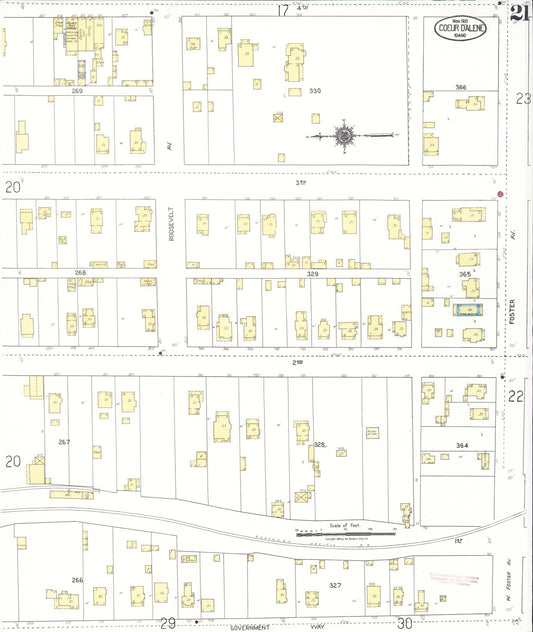 Sanborn Fire Insurance Map from Coeur D'alene, Kootenai County, Idaho (1921), Sheet #0021 - Historic Sanborn Fire Insurance Map Print, vintage old map wall art, antique decor, genealogy gift, Idaho Idaho map