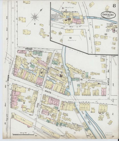 Sanborn Fire Insurance Map from Danbury, Fairfield County, Connecticut (1889), Sheet #0008 - Complete Map Set gallery image, historic Sanborn map, vintage wall art, Connecticut Connecticut