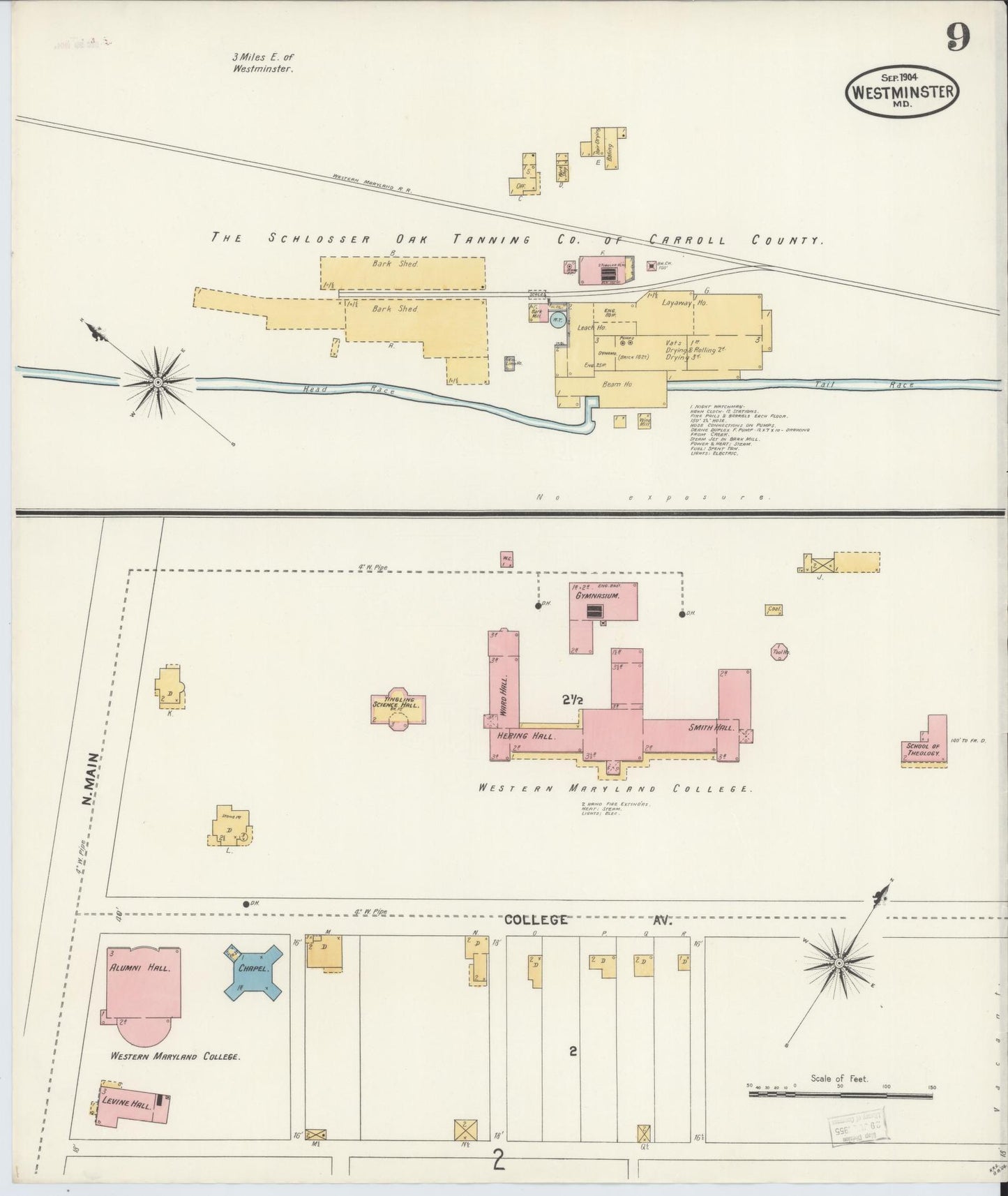 Sanborn Fire Insurance Map from Westminster, Carroll County, Maryland (1904), Sheet #0009 - Historic Sanborn Fire Insurance Map Print, vintage old map wall art, antique decor, genealogy gift, Maryland Maryland map