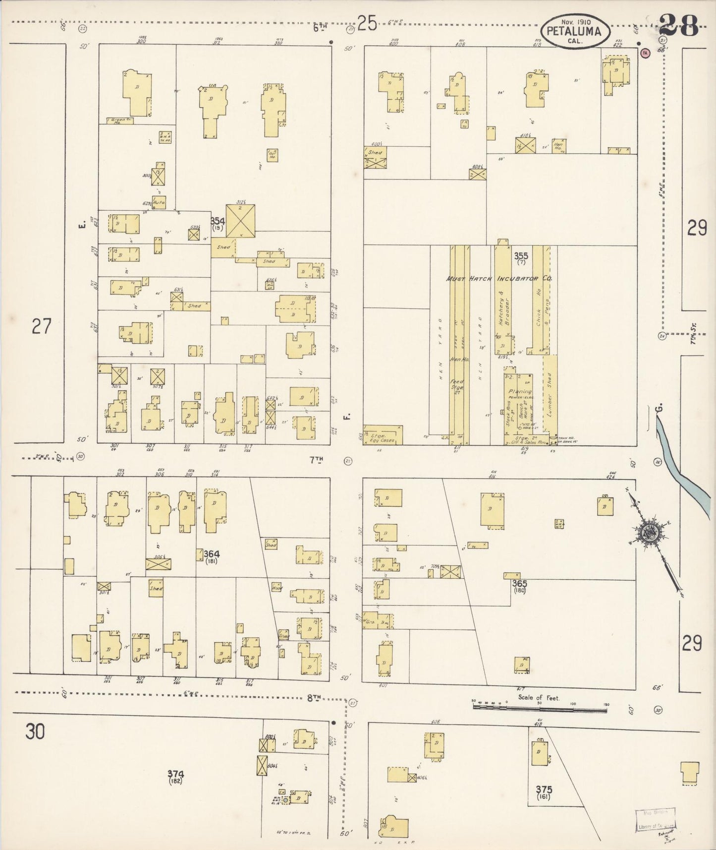 Sanborn Fire Insurance Map from Petaluma, Sonoma County, California (1910), Sheet #0028 - Complete Map Set gallery image, historic Sanborn map, vintage wall art, California California