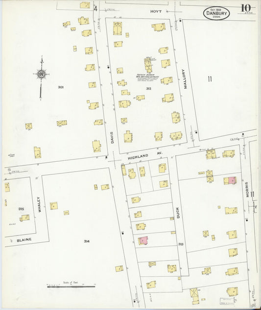 Sanborn Fire Insurance Map from Danbury, Fairfield County, Connecticut (1909), Sheet #0010 - Historic Sanborn Fire Insurance Map Print, vintage old map wall art, antique decor, genealogy gift, Connecticut Connecticut map