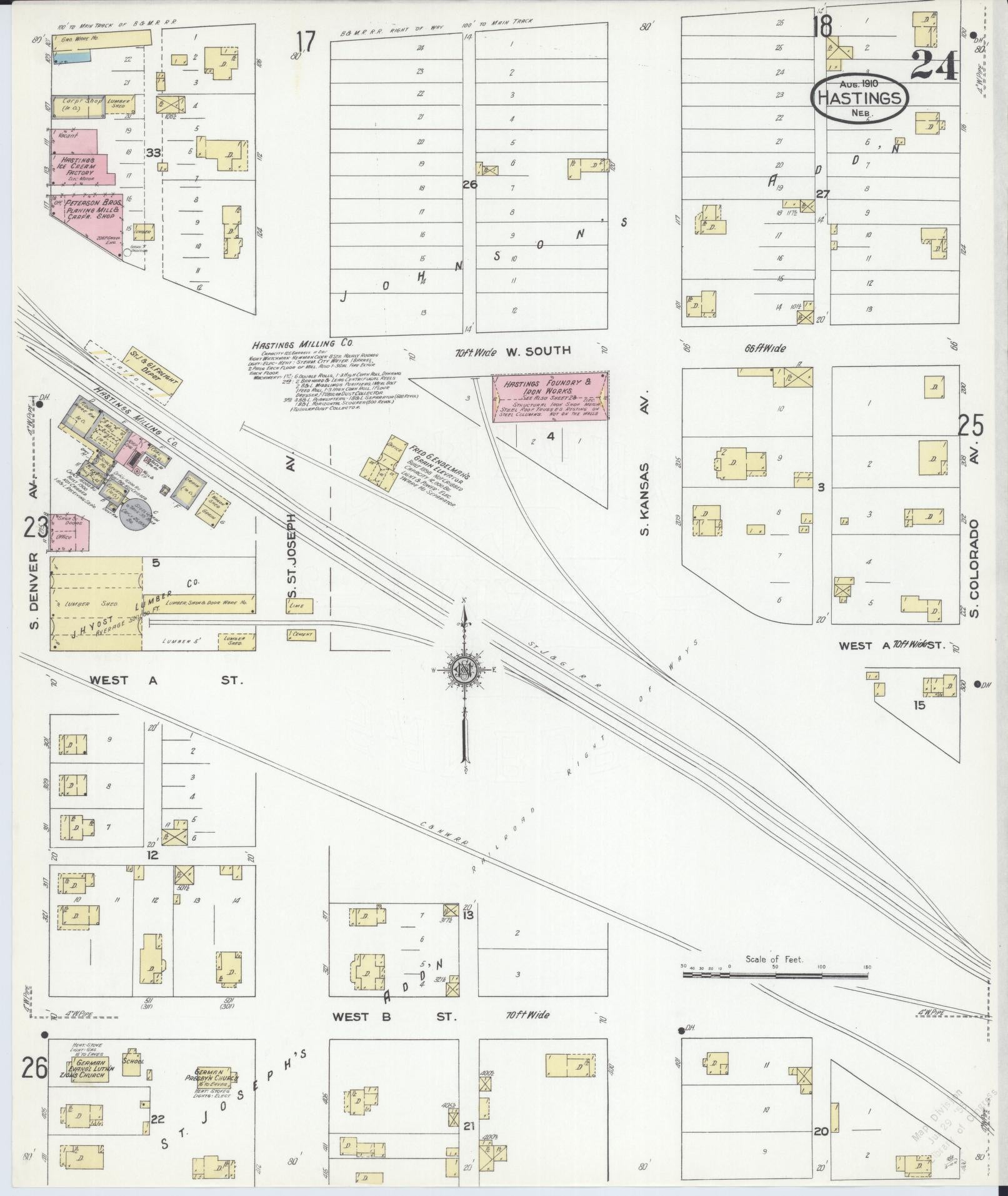 Sanborn Fire Insurance Map from Hastings, Adams County, Nebraska (1910), Sheet #0024 - Historic Sanborn Fire Insurance Map Print, vintage old map wall art, antique decor, genealogy gift, Nebraska Nebraska map