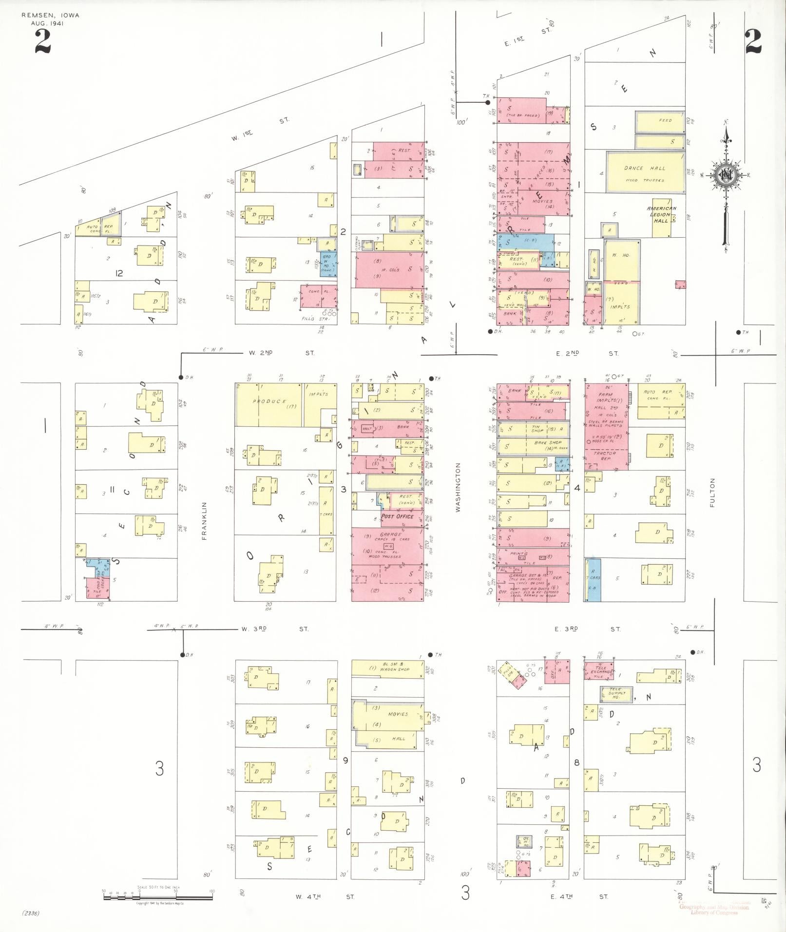 Sanborn Fire Insurance Map from Remsen, Plymouth County, Iowa (1941), Sheet #0002 - Historic Sanborn Fire Insurance Map Print, vintage old map wall art