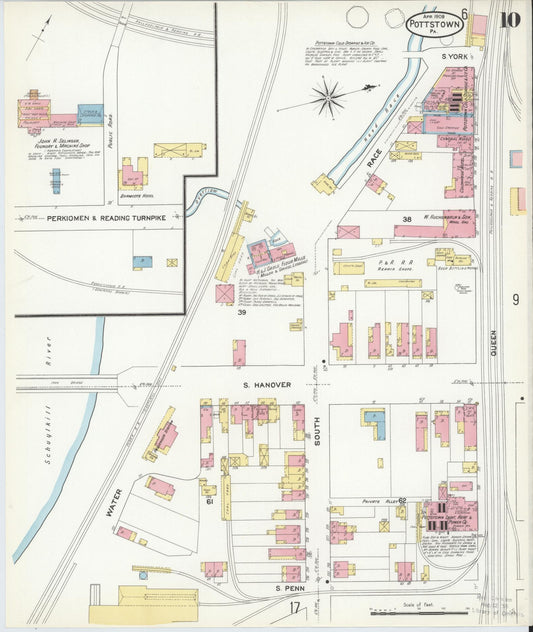 Sanborn Fire Insurance Map from Pottstown, Montgomery County, Pennsylvania (1909), Sheet #0010 - Historic Sanborn Fire Insurance Map Print, vintage old map wall art, antique decor, genealogy gift, Pennsylvania Pennsylvania map