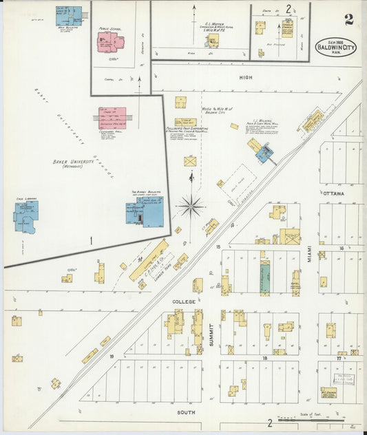 Sanborn Fire Insurance Map from Baldwin City, Douglas County, Kansas (1905), Sheet #0002 - Historic Sanborn Fire Insurance Map Print, vintage old map wall art, antique decor, genealogy gift, Kansas Kansas map
