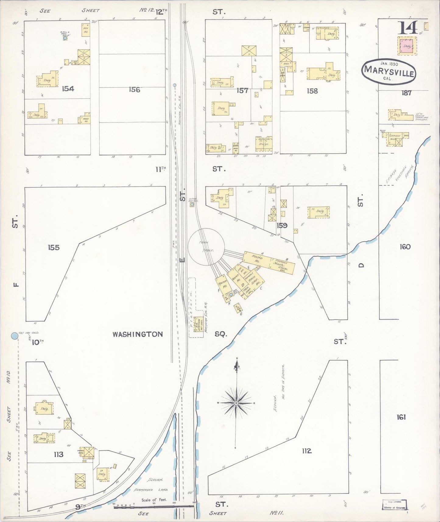 Sanborn Fire Insurance Map from Marysville, Yuba County, California (1890), Sheet #0014 - Historic Sanborn Fire Insurance Map Print, vintage old map wall art, antique decor, genealogy gift, California California map