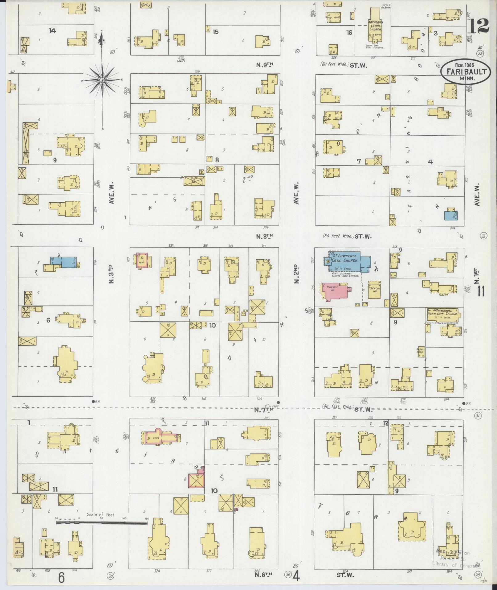 Sanborn Fire Insurance Map from Faribault, Rice County, Minnesota (1905), Sheet #0012 - Complete Map Set gallery image, historic Sanborn map, vintage wall art, Minnesota Minnesota