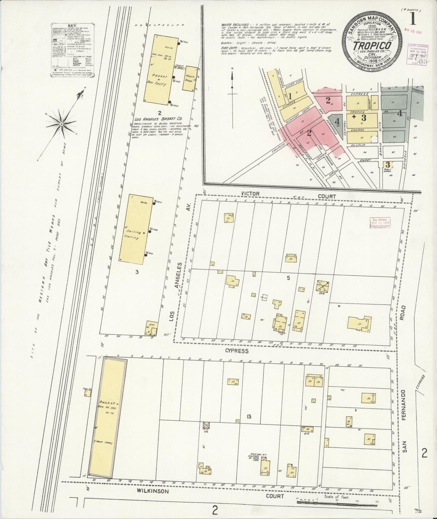 Sanborn Fire Insurance Map from Tropico, Los Angeles County, California (1908), Sheet #0001 - Complete Map Set gallery image, historic Sanborn map, vintage wall art, California California